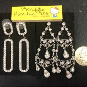 Lot: 2 pair RHINESTONE EARRINGS long chandelier and geometric style PROM